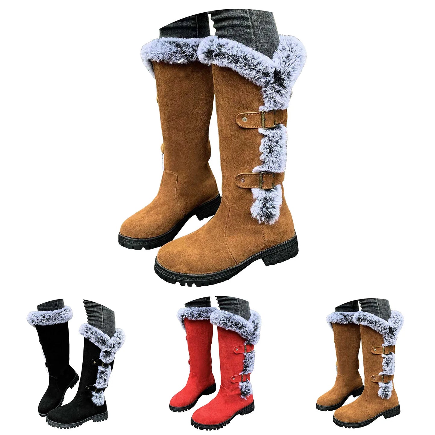Knee High Boots For Women Wide Calf Suede Plush And Warm Women'S Long Boots Fashionable And Casual Thick Heel Shoes For Woman